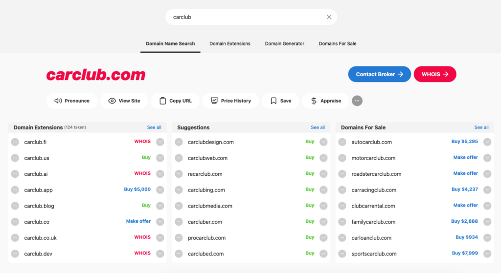 A bunch of unavailable domains with only some left