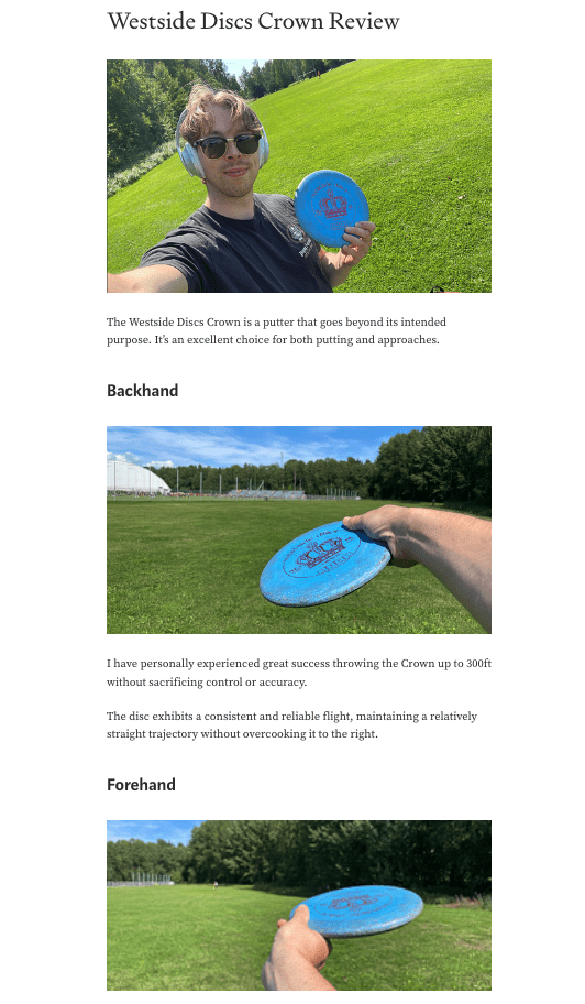 An image of a blog post with images of myself throwing a disc
