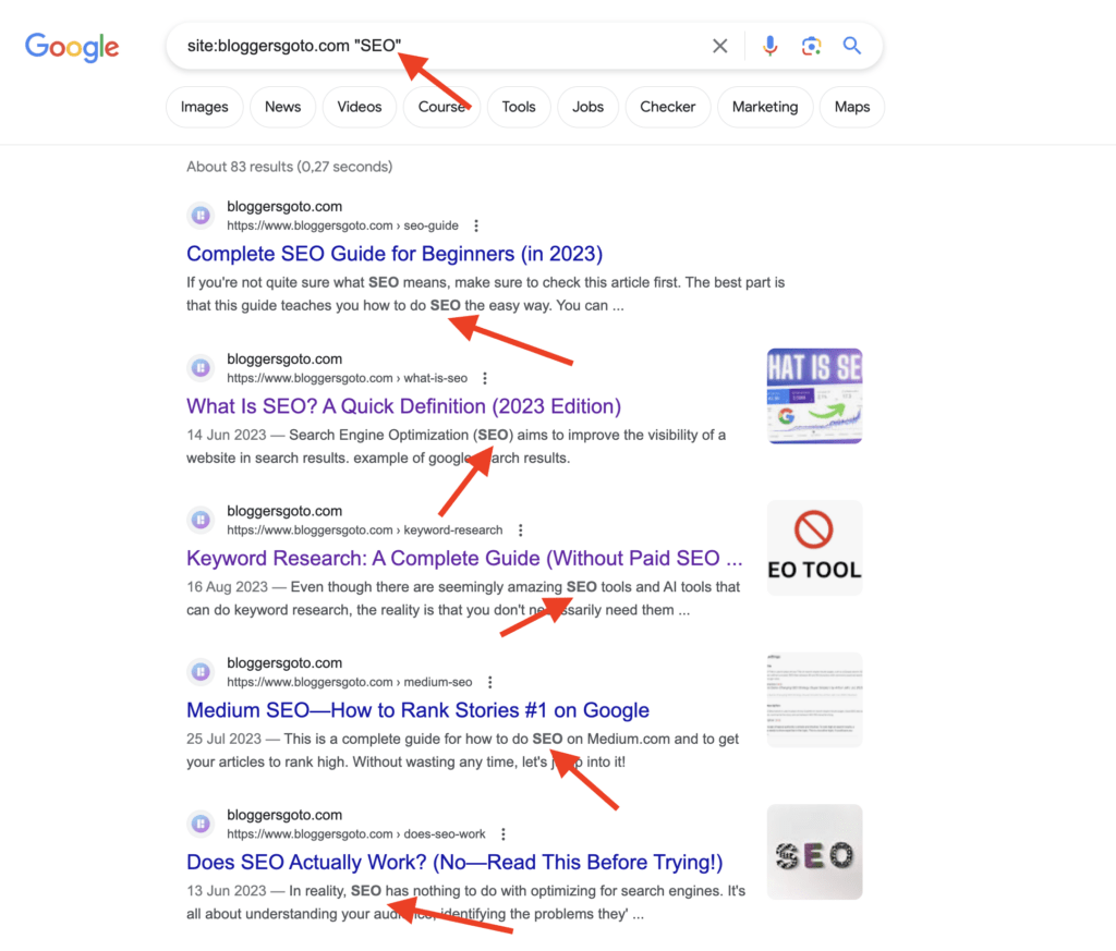 Google search of "site:bloggersgoto.com "SEO""