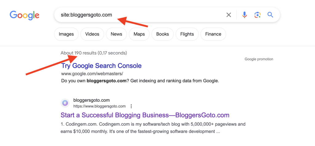 Google search of "site:bloggersgoto.com "SEO"" with 190 hits