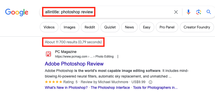 Google allintitle: operator example for photoshop review
