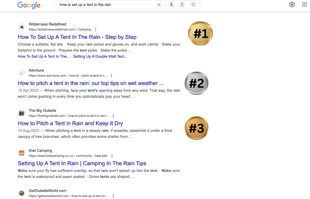 Google search results with medals for the ranking pages