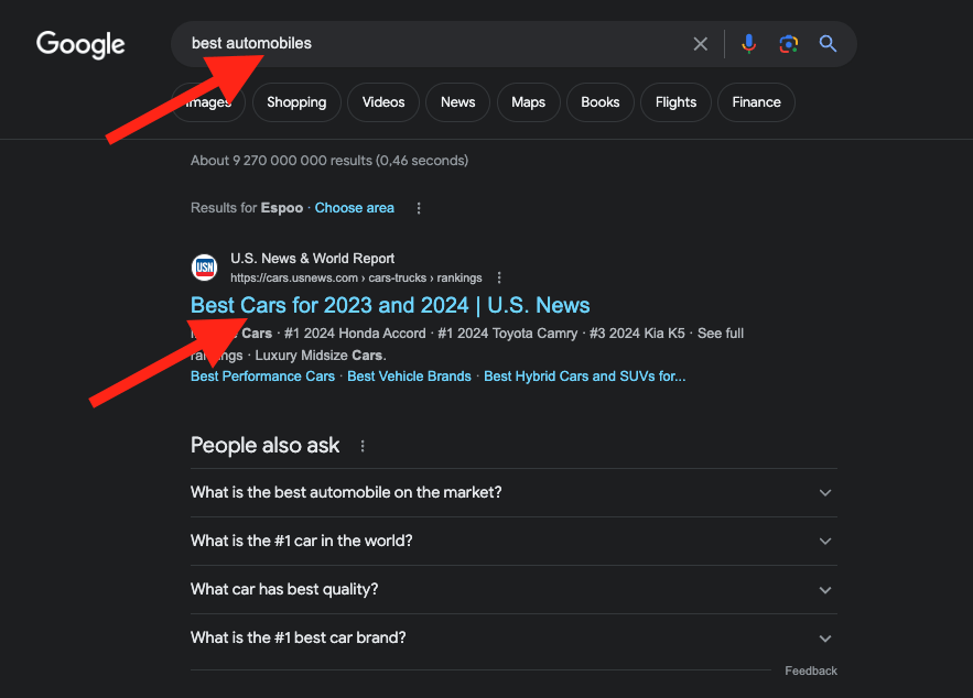 Google search results for "best cars"
