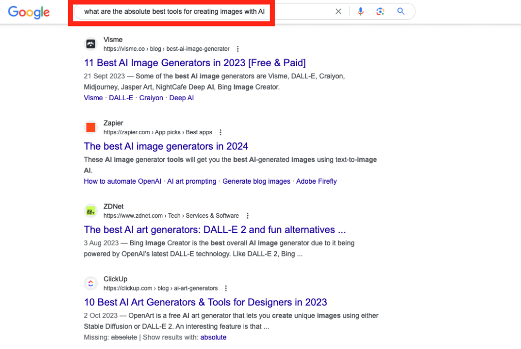 Google search results for best AI image generator tools