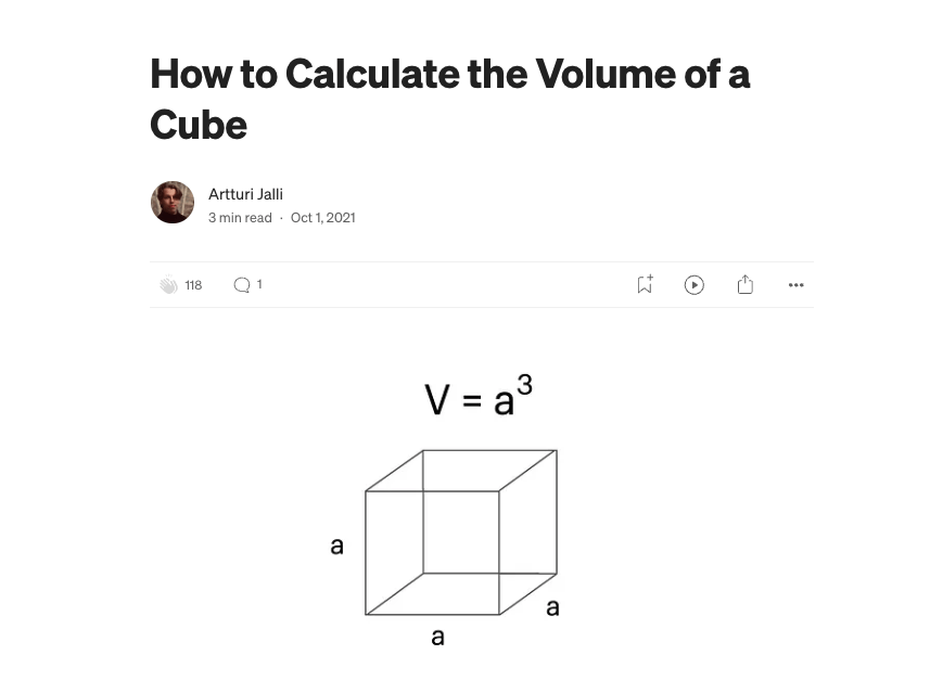 An equation for solving the volume of a cube