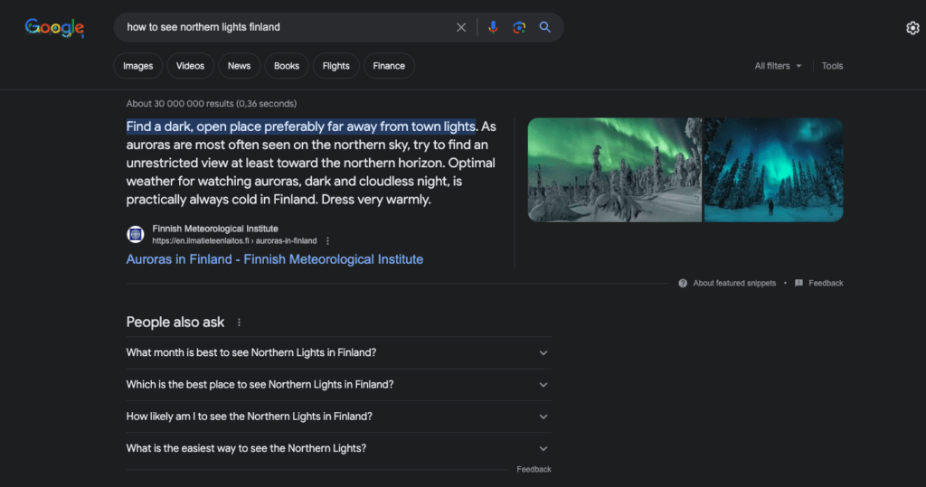 Google results for spotting Northern lights
