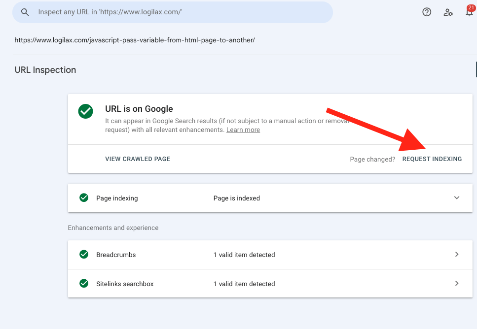Google search console request indexing button