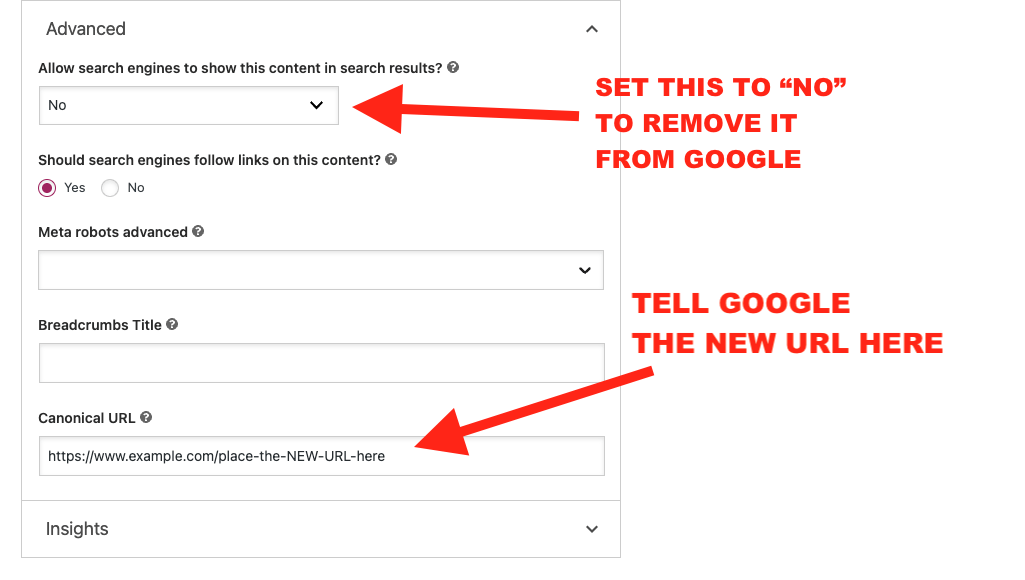 Set "Allow search enginest to show..." to no and set the new URL into the canonical URL