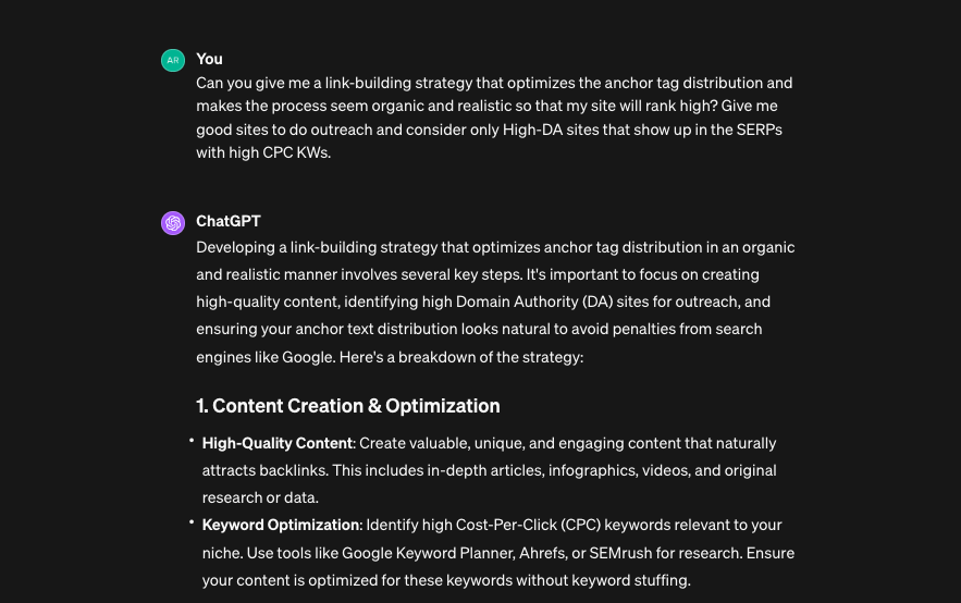 ChatGPT link building prompt example